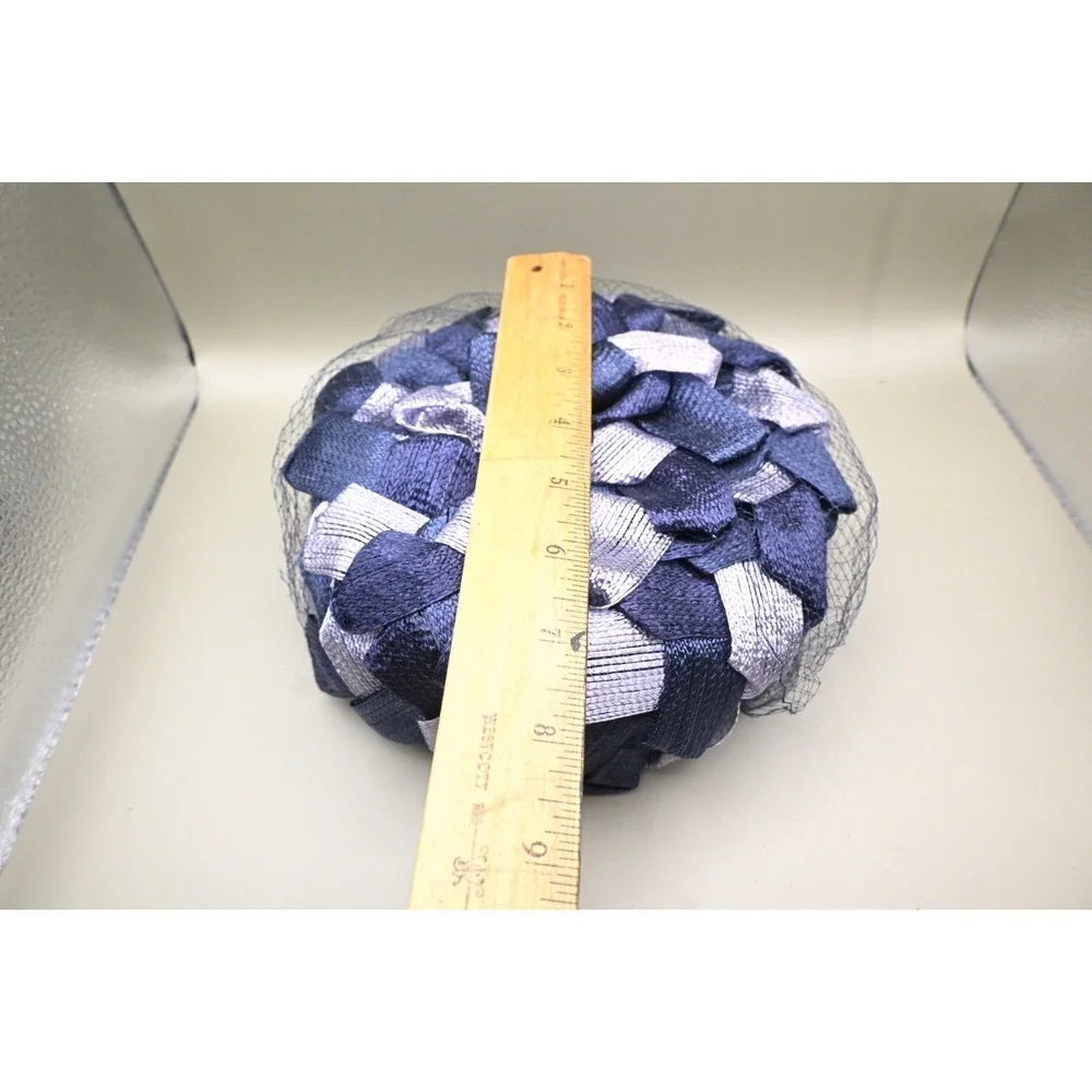 Vintage Navy Blue Silver Ribbon Hat Fascinator Netting Pillbox Cocktail Fashion